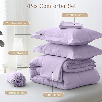 JOLLYVOGUE California King Comforter Set, Ultra-Soft Bed in a Bag Cal King Size 7 Pieces, Oeko-TEX Certified Bedding Set with Down Alternative Comforter, Sheets, Pillowcases & Shams, Lavender