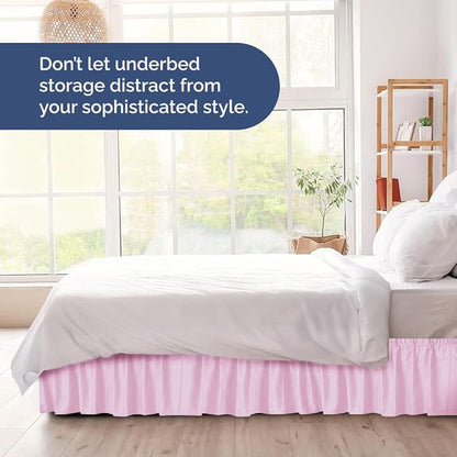 Wrap Around Dust Ruffle Bed Skirt - Light Pink - for Queen Size Beds with 18 Inch Drop - Elastic Strap - Adjustable Pleated Bedskirt with Brushed Fabric and Wrinkle Free - For Women, Men, Kids & Teens