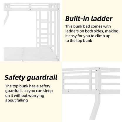 Twin Over Full Bunk Bed Frame, Heavy Duty Metal Loft Bed for Adults/Teens, 250/350LB Capacity w/Ladder & Guardrail, Noise-Free Steel Slats, No Box Spring Required, White