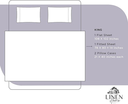 Linen Home 100% Cotton Percale Sheets King Size, Prelude Purple, Deep Pocket, 4 Pieces Set - 1 Flat, 1 Deep Pocket Fitted Sheet and 2 Pillowcases, Crisp Cool and Strong Bed Linen