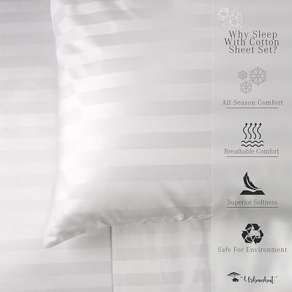 URBANHUT 800 Thread Count 100% Cotton Damask Queen Size Sheets, 4 Piece Striped Queen Size Bedsheets, Luxury Hotel Sheets Sateen Weave - Better Than Egyptian, 16" Elasticized Deep Pocket- White