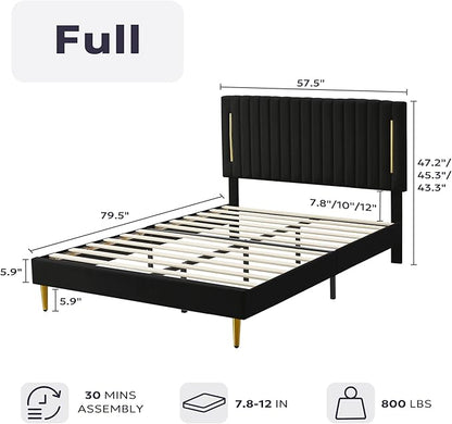 Full Platform Bed Frame, Velvet Upholstered Bedframe with Vertical Channel Adjustable Headboard, Golden Plating Trim, Mattress Foundation with Wooden Slats, No Box Spring Needed, Black
