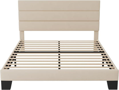 Allewie Queen Size Platform Bed Frame with Velvet Upholstered Headboard and Wooden Slats Support, Fully Upholstered Mattress Foundation/No Box Spring Needed/Easy Assembly, Cream