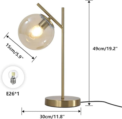 Mid Century Modern Table Lamp, Gold Globe Nightstand Lamp with Cognacs Glass Shade, Metal Brass Desk Lamp for Bedroom Living Room Study Room