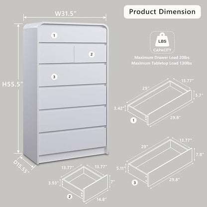 Modern 7 Drawers Dresser for Bedroom, 55" Tall Dressers & Chest of Drawers w/Curved Profile Design, Wood Mid Century Vertical Storage Dressers Organizer for Bedroom, Living Room, White