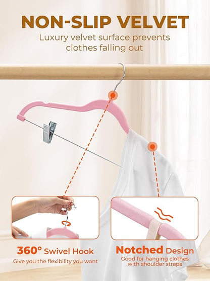 HOUSE DAY Velvet Skirt Hangers - Pink Velvet with Adjustable Clips, Space Saving, Slim, Heavy Duty and Non Slip for Pants, Skirts, Shorts - 24 Pack