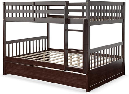Giantex Full Over Full Bunk Bed with Trundle, Solid Wood Trundle Bed Frame w/Guardrails and Ladder, Convertible to 2 Beds, Full Size Bunk Beds for Adults Kids Teens, No Box Spring Needed,Espresso