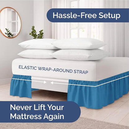 Wrap Around Dust Ruffle Bed Skirt - Denim Blue - for Queen Size Beds with 21 Inch Drop - Elastic Strap - Adjustable Pleated Bedskirt with Brushed Fabric and Wrinkle Free - For Women, Men, Kids & Teens