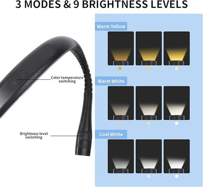 Book Light, 3-Color & 9-Brightness Reading Light, Bendable Neck Light, 80-hr Lasting Rechargeable Lamp, Perfect Book Light for Reading in Bed, Knitting, Camping (Black, Classic)