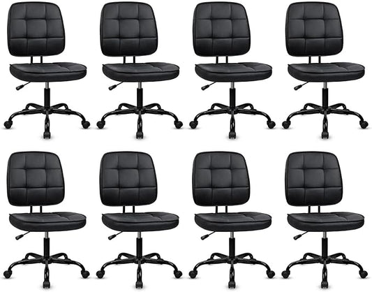 CLATINA Armless Home Office Chair with Lumbar Support and Wheels, Small PU Leather Ergonomic Low Back Desk Chairs No Arms, Adjustable Height 360° Swivel Rolling Computer Task Chair, Black, 8 Pack