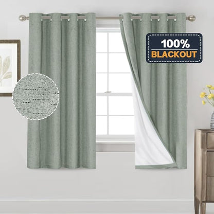 PrinceDeco Linen Texture Curtains 100% Blackout Curtains 64 inch Long 2 Panels Set for Bedroom Grommet Top Flax Textured Full Blackout Window Draperies Thermal Insulated White Liners,42 X64, Green Bay