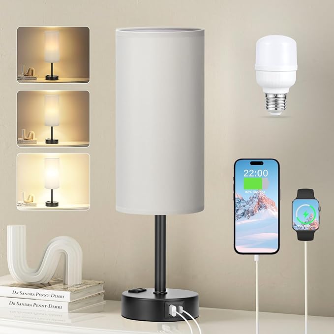 Fenmzee Grey Touch Bedside Lamp for Bedroom - 3 Way Dimmable Table Lamp USB C Charging Ports and AC Outlet, Small Desk Lamp for Living Room, Office, LED Bulb Included