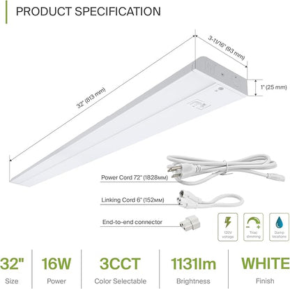 ASD LED Under Cabinet Lighting 32 Inch, Dimmable, Hardwired or Plug-in Installation, 3 Color Levels- 2700K/3000K/4000K, Linkable Kitchen Under Counter Lighting, ETL & Energy Star, White, 12 Pack
