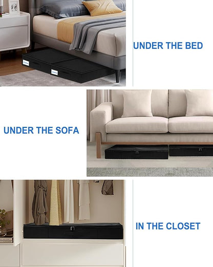 Under Bed Storage Containers, Low Profile Underbed Zipper Storage Bin 4.5 Inches Tall, Shallow Under Bed Storage with Sturdy Side & Bottom Support, Linen Storage with Lid for Sofa and Dorm, 4Pcs Black