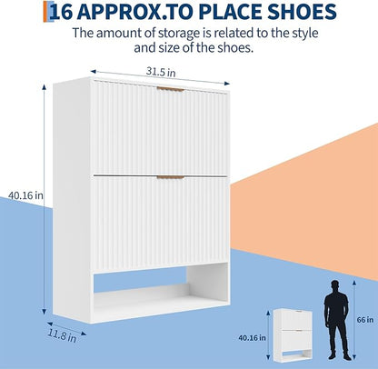 Garvee Fluted Shoe Storage Cabinet, Slim Hidden Shoe Rack Cabinet with 2 Flip Drawers & Bottom Open Shelf, Freestanding Entryway Organizer, Perfect for Closet, Hallway, Foyer, White