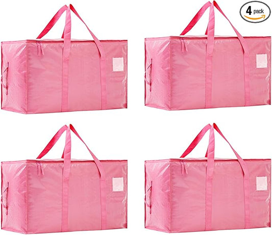 Moving Bags Heavy Duty Extra Large, Moving Boxes, Moving Supplies Essentials,Storage Bins with Lids, Plastic Packing Totes, Storage Bags for Clothes with Handles & Zippers(Pink, 4 Pack)