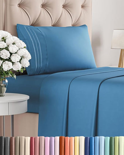 Twin XL Size 3 Piece Sheet Set - Comfy Breathable & Cooling Bed Sheets Set - Hotel Luxury Bedding for Women, Men, Kids, Teens, Boys & Girls - Deep Pockets, Soft, Wrinkle Free - Oeko-Tex - Denim Blue