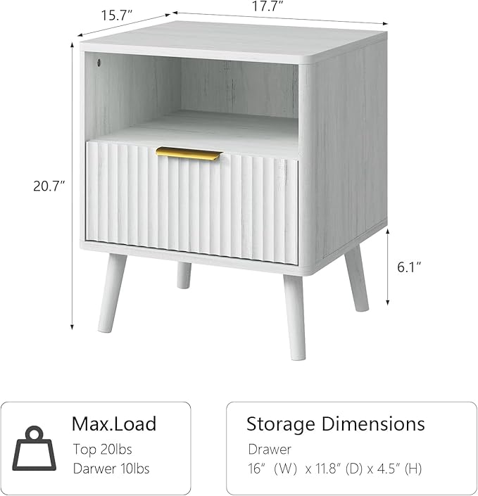 CARPETNAL Fluted Nightstand, White Bedside Table with Drawer and Storage Shelf, Wood End Table Mid Century Night Stands for Bedroom Living Room