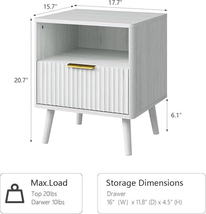 CARPETNAL Fluted Nightstand, White Bedside Table with Drawer and Storage Shelf, Wood End Table Mid Century Night Stands for Bedroom Living Room