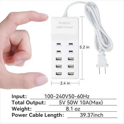 Puikfyni Portable USB C Charging Station,4 -C- Ports, USB Charging hub 10-Ports/USB c Charger Block for Multiple Devices Phones Tablet Smartwatch Headphones Speakers (USB-4C+6A)