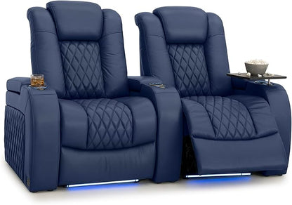 Seatcraft Diamante Zero-Gravity CoolZero Italian Leather Home Theater Seating, Power Headrest, Power Recline, Row of 2, Navy Blue