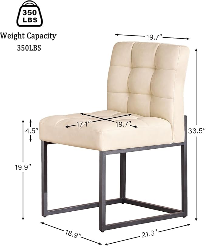 Beige Faux Leather Dining Chairs Set of 2, Mid-Century Modern Dining Room Chairs with Armless, Checkered Kitchen Chair with Metal Legs