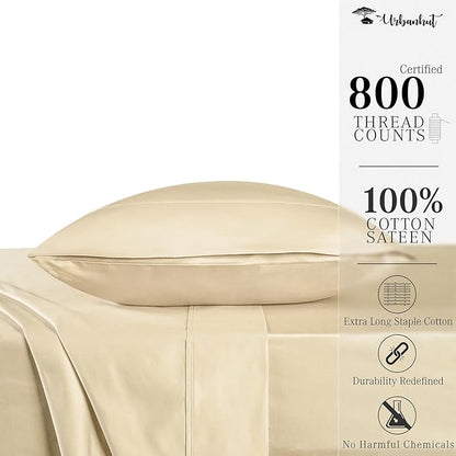 URBANHUT 800 Thread Count 100% Cotton Twin Size Sheets, Luxury 4 Piece Twin Bedsheets, Hotel Sheets Sateen Finish - Better Than Egyptian, 14" Elasticized Deep Pocket - Sand