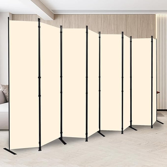 Room Divider Folding Privacy Screens with Wheels, 6FT Tall Divider for Room Separation, Movable Room Partitons and Dividers, Indoor Room Dividers Panel with Fabric (Beige, 8 Panel-176‘’-Flat Base)
