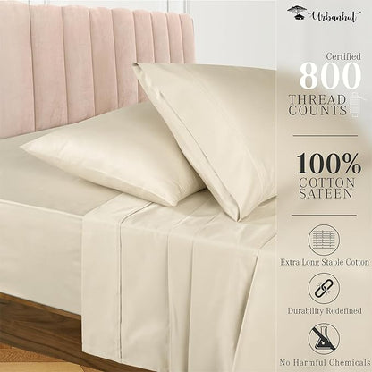 URBANHUT 800 Thread Count 100% Cotton California King Size Sheets, Luxury 4 Piece Cal King Bedsheets, Hotel Sheets Sateen Finish - Better Than Egyptian, 16" Elasticized Deep Pocket - Ivory