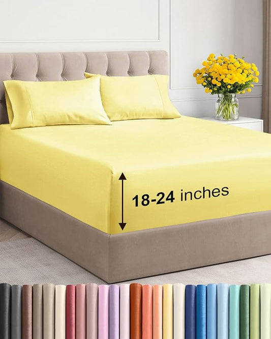 Extra Deep Twin XL Sheet Set - 4 Piece Breathable & Cooling Sheets - Hotel Luxury Bed Sheets Set - Easy & Secure Fit - Soft, Wrinkle Free & Comfy Sheets Set - Yellow Sheet Set with Extra Deep Pockets