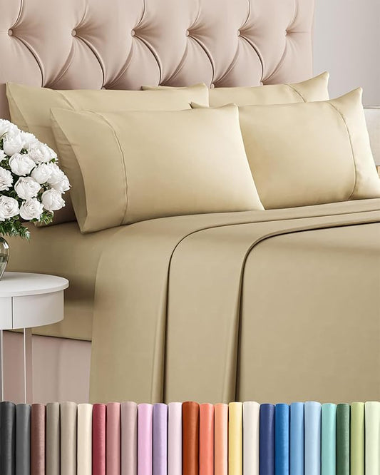 Queen 6 Piece Sheet Set - Cooling, Comfy & Breathable - Hotel Luxury Bedding, Includes Fitted Sheet for Women, Men, Kids and Teens - 1 Flat, 1 Fitted Sheet, 4 Pillowcases with Deep Pockets - Beige