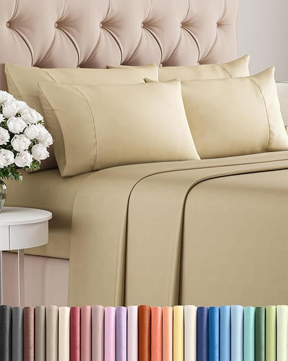 Cal King 6 Piece Sheet Set - Cooling, Comfy & Breathable - Hotel Luxury Bedding, Includes Fitted Sheet for Women, Men, Kids & Teens - 1 Flat, 1 Fitted Sheet, 4 Pillowcases with Deep Pockets - Beige