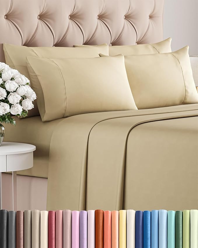 King 6 Piece Sheet Set - Cooling, Comfy & Breathable - Hotel Luxury Bedding, Includes Fitted Sheet for Women, Men, Kids and Teens - 1 Flat, 1 Fitted Sheet, 4 Pillowcases with Deep Pockets - Beige