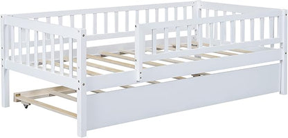 Bellemave Twin Kids Bed Frames with Rails for Kids, Twin daybed with Trundle for Boys/Girls/Adults，White