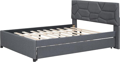 Full Size Bed Frame with Twin Size Trundle,Linen Upholstered Platform Bed Frame Full with Brick Pattern Headboard,Wood Slat Support Included,No Box Spring Needed,Easy Assembly,Gray