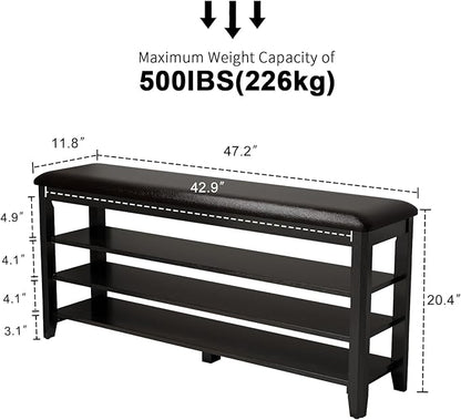 AQIMUELE Shoe Bench with Leather Cushion, 3 Tiers Shoe Storage Bench Height Adjustable, Walnut Wood Entryway Bench for Hallway, Mudroom