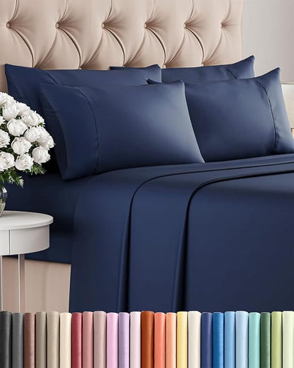 Queen 6 Piece Sheet Set - Cooling, Comfy & Breathable - Hotel Luxury Bedding, Includes Fitted Sheet for Women, Men, Kids & Teens - 1 Flat, 1 Fitted Sheet, 4 Pillowcases with Deep Pockets - Navy Blue