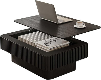 Lift Top Coffee Table with Storage, Solid Wood Coffee Table with Adjustable Height, Fluted Center Table Accent Tea Table for Living Room, Apartment, Office (38.6" Black)