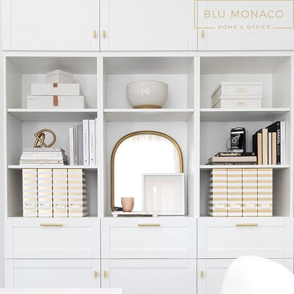 BLU MONACO Set of 4 Gold & White Striped Magazine File Boxes | Foldable Cardboard File Organizer Boxes with Gold Label Holders | Stylish Desk Organizer for Home Office and Classroom