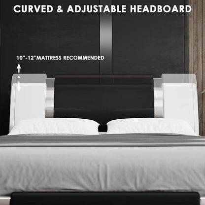 TTVIEW Modern Faux Leather Upholstered Platform Bed Frame with Iron Metal Decor, Adjustable Curved Headboard, Wooden Slats Support, No Box Spring Needed, Queen Size, Blackwhite
