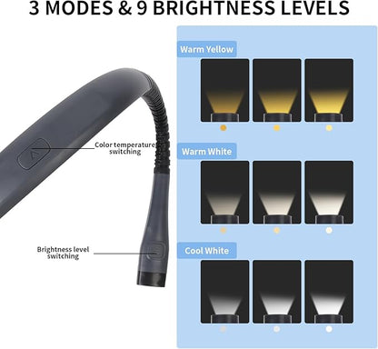 Book Light, 3-Color & 9-Brightness Reading Light, Bendable Neck Light, 80-hr Lasting Rechargeable Lamp, Perfect Book Light for Reading in Bed, Knitting, Camping (Grey, Classic)