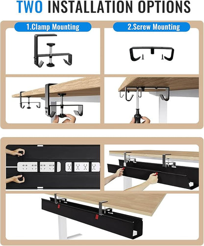 No Drill Cable Management Under Desk, 36" Cord Organizer for Table, Clamp/Screw Mount Cable Tray, Premium Black Fabric Desk Cord Management Tray for Office, Home (Large (36 Inch))