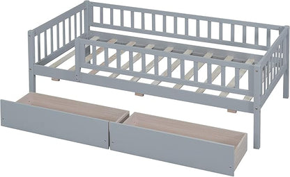 Bellemave Twin Bed Frames with Rails for Kids, Twin daybed Frame with Drawers for Boys/Girls/Adults，Gray
