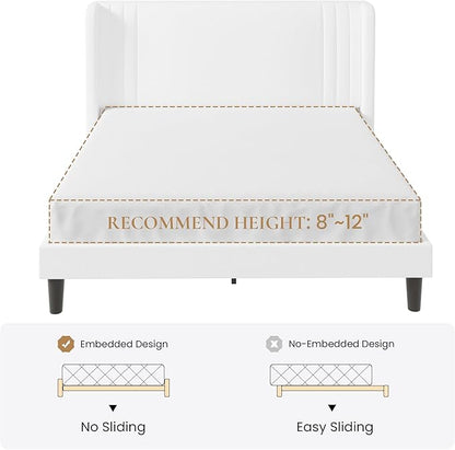 SHA CERLIN Queen Size Velvet Upholstered Platform Bed Frame with Vertical Channel Tufted Wingback Headboard, Wooden Slats Support, Easy Assembly, Under Bed Storage, No Box Spring Required, White