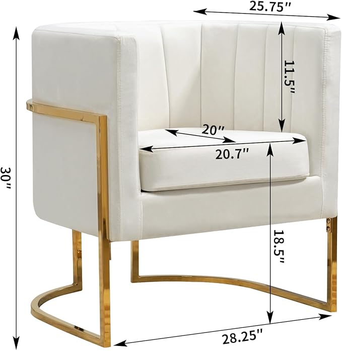 Velvet Accent Chairs Set of 2, Mid Century Modern Upholstered Barrel Armchair with Pillow for Living Room, Comfy Single Club Chair with Metal Gold Legs for Bedroom, White