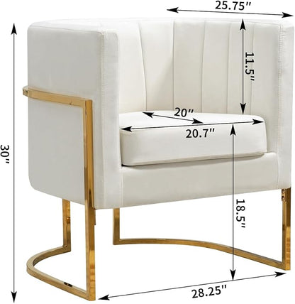 Velvet Modern Accent Chair, Upholstered Barrel Armchair Mid Century with Pillow for Living Room, Comfy Single Vanity Chair with Metal Gold Legs for Bedroom, White