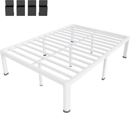 MAF 18 Inch Full Size Bed Frame White with Round Corner Legs Mattress Slide Stopper No Box Spring Needed Heavy Duty Metal Platform Bed Frames Under-Bed Storage Space, 3000 LBS Steel Slats Support