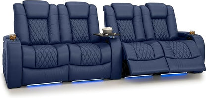 Seatcraft Diamante Zero-Gravity CoolZero Italian Leather Home Theater Seating, Power Headrest, Power Recline, Row of 4 Dual Loveseats, Navy Blue