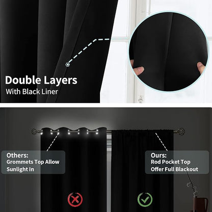 BGment 100% Blackout Curtains for Bedroom with Black Liner, Double Layer Full Room Darkening Thermal Insulated and Noise Reducing Rod Pocket Curtain (42 x 72 Inch, Black, 2 Panels)