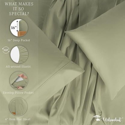 URBANHUT 800 Thread Count 100% Cotton Queen Size Sheets, Luxury 4 Piece Queen Bedsheets, Hotel Sheets Sateen Finish - Better Than Egyptian, 16" Elasticized Deep Pocket - Sage